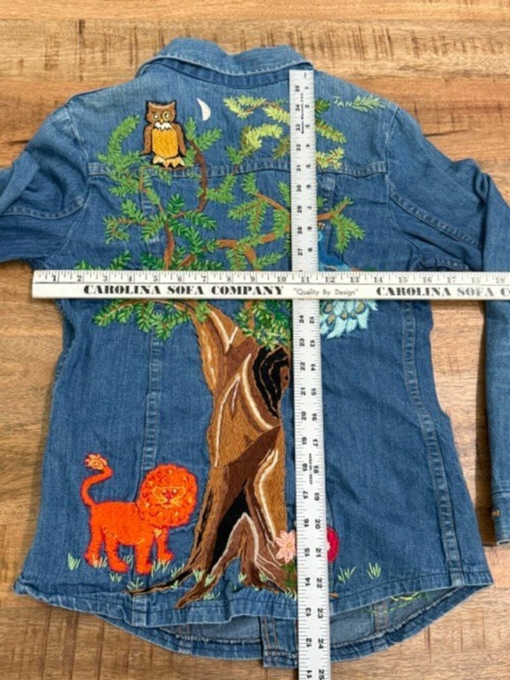 OOAK Hand Embroidered Denim Jacket Womens Medium Nature Woodland owl Peacock - Picture 13 of 16